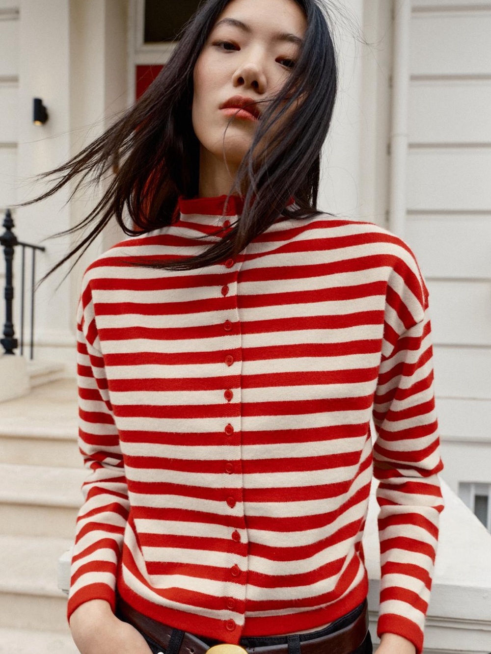 Zara Red White Striped High Neck Button Front Knit Cardigan NWT M